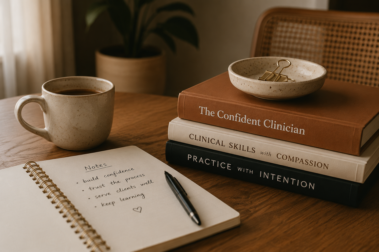 A warm desk scene with clinical books, coffee, and notes